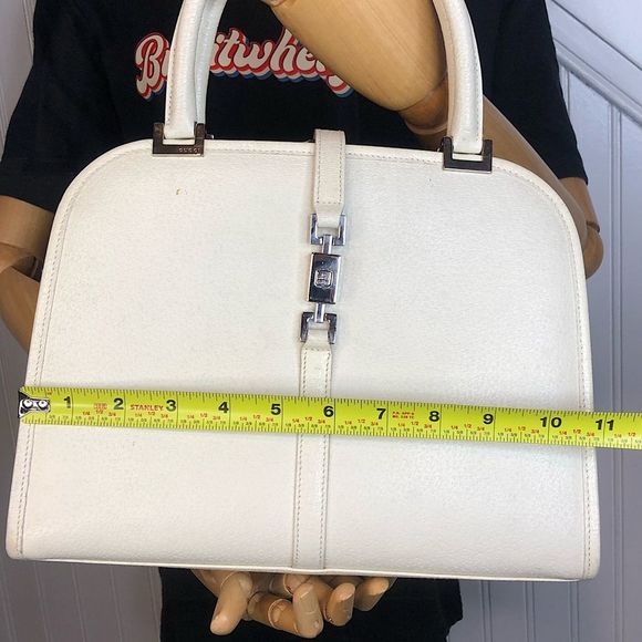 Vintage GUCCI Ivory Leather Satchel Self-Standing Silver Jackie Buckle Hand Bag - Picture 14 of 17